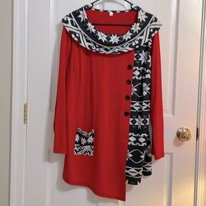Asymmetrical Geometric Red, Black & White Faux Button Down Tunic